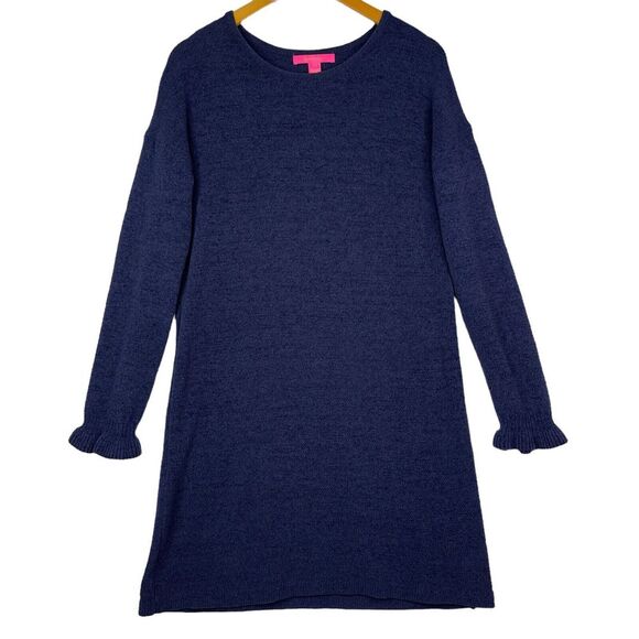 Lilly Pulitzer Galen Sweater Dress Navy Blue Medium Knit Ruffle Cuff Knee Length - Picture 2 of 12